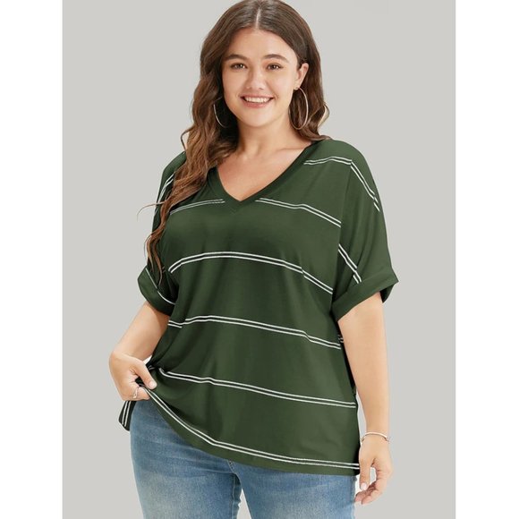 BloomChic Tops - NWT BloomChic Army Green Striped Contrast Dolman Sleeve T-Shirt Size 18-20/2X